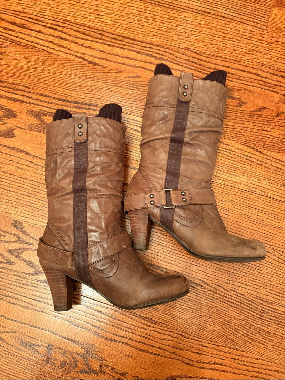 Report Brown Tan Mid-Calf Heeled Boots
